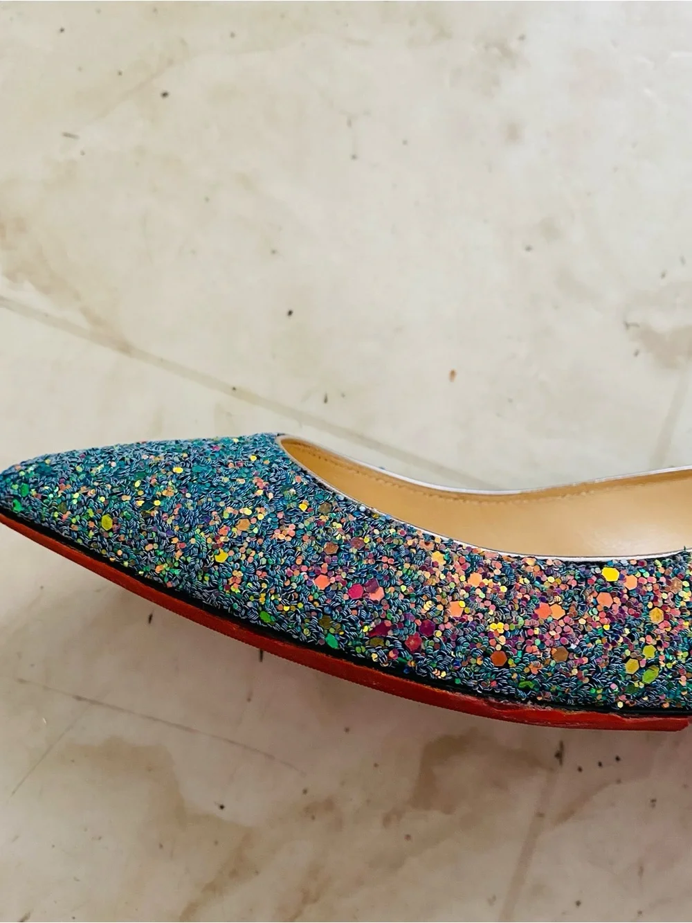 Christian Louboutin Kate Multicolor Blue Glitter Pointed Toe Ballet Flats Sz 6.5